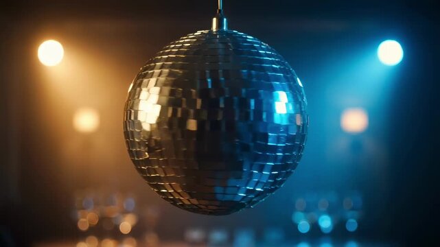 Retro silver disco ball hanging with warm gold, cool blue stage lights