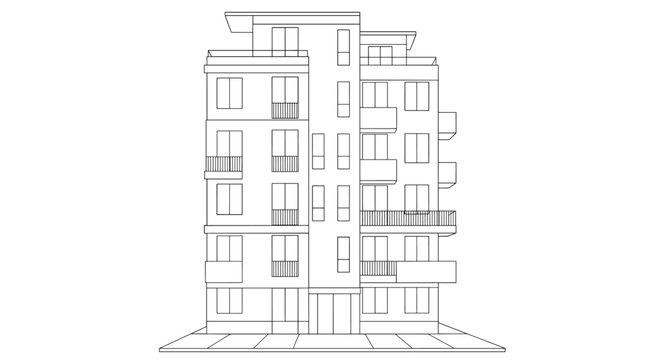 A clean architectural line drawing of a multi-story urban apartment building with multiple balconies and rectangular window facades on a plain white background surface.