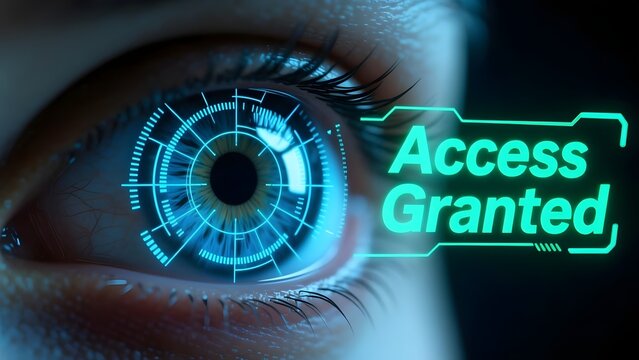 Biometric iris scan with access granted text, futuristic eye recognition technology, digital security interface for identity verification