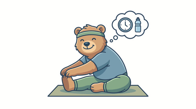 Bear doing yoga on a mat.
