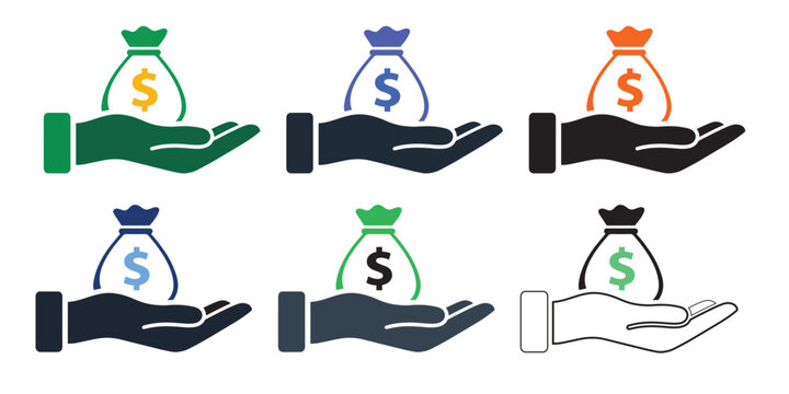 Financial Support Icon Set with Hand and Money Bag for Investment Banking Wealth Design