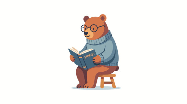Brown bear wearing glasses reading book.