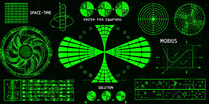 neon green physics math equations and symbols on black background