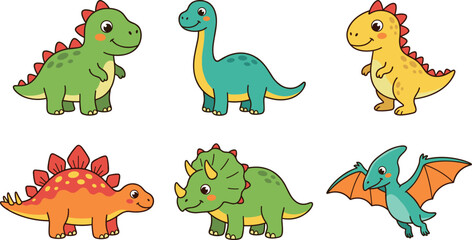 Set of Cute Cartoon Dinosaur Characters Including T-Rex, Triceratops, and Brachiosaurus for Kids Nursery Clipart and Education © MstSuraiya