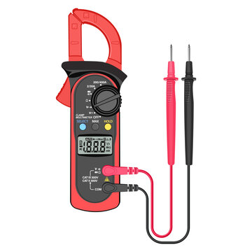A digital clamp multimeter with red and black test probes, used to measure electrical values like voltage and current