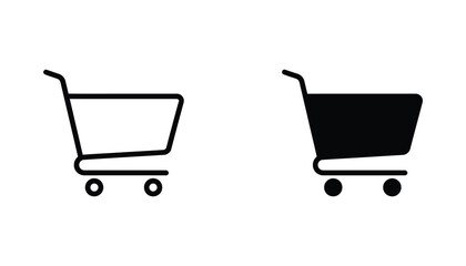 Shopping cart icon set for retail and e-commerce websites featuring classic trolley design in outline and solid black vector graphic styles for user interface © Leo