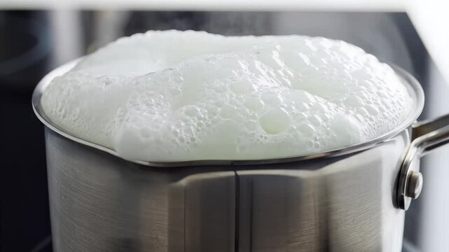 Boiling Milk Overflowing from Pot on Stove.
