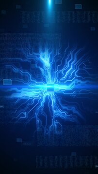 Digital blue circuit backdrop luminous pathways, processor style layout, center flare, deep tech space. data visuals, coding intros, hardware videos, security promos, network screens, animated loops.