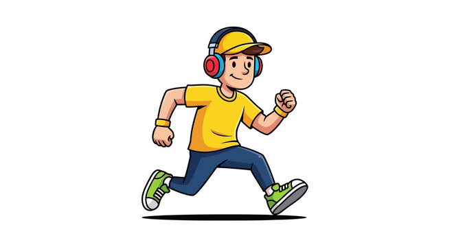 Cartoon man wearing headphones running fast.