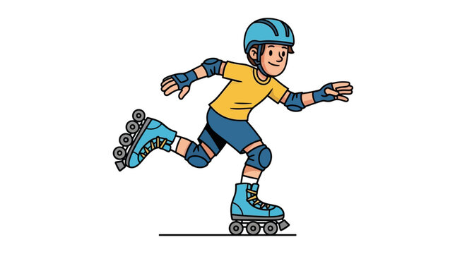 Boy wearing rollerblades and protective gear.