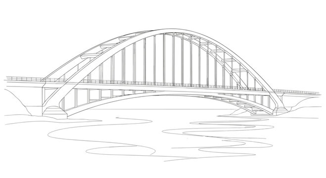 An artistic black and white line illustration of a large suspension arch bridge spanning a body of water with indicated ripples.