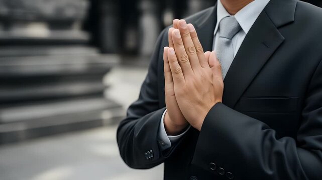 A professional businessman in a crisp formal suit respectfully performs a traditional greeting gesture with hands pressed together, conveying a sense of honor, welcome, or reverence.