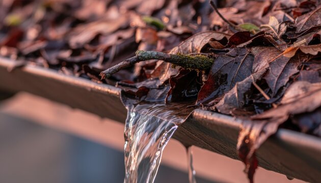 Decomposed autumn leaves filling a residential gutter with water overflowing for home maintenance services, roof repair advertising and seasonal drainage messaging