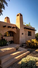 Naklejka premium Desert adobe home exterior under sunny sky with chimneys and architecture