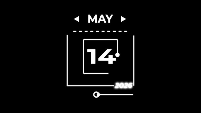 Calendar date May 14 2026 graphic calendar icon monthly, motion graphic design video animation Simple calendar with date concept black background.4k video