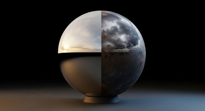 A 3D render illustrating two different types of materials or reflections on a single sphere.