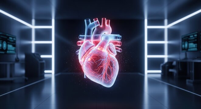 3D rendering of a human heart, designed to illustrate circulatory system health through its visible arteries and veins.
