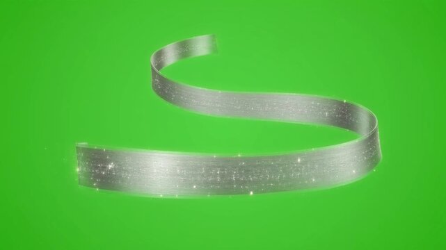 A shimmering silver ribbon with sparkles floats against a green background