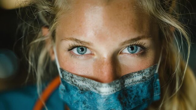 A Close-Up Portrait of a Young Woman Wearing a Face Mask, Emphasizing Her Striking Blue Eyes and Serious Expression Amidst a Professional Setting