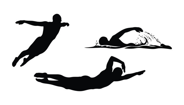 black and white silhouette set of swimming very high quality vector illustration.