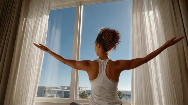 A serene morning yoga practice beside a large window, highlighting the beauty of nature and tranquility with a clear blue sky and sunlight streaming in.