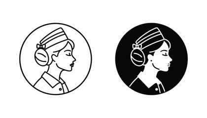 Female profile portrait in a circle icon set in minimalist outline and solid black style for professional avatar and beauty industry branding © Delta