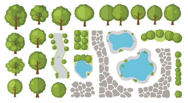 Flat landscape design elements set, garden map constructor with green trees and blue ponds, park architectural plan icons for site mapping