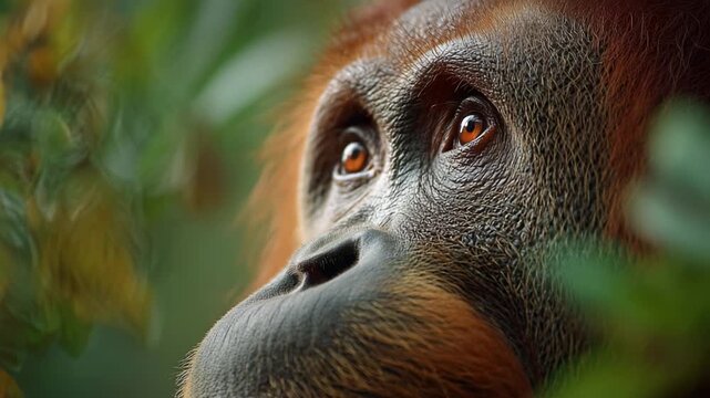 Captivating Close-Up of an Orangutan's Expressive Face Surrounded by Lush Greenery, Showcasing Its Deep Connection to Nature and Individuality