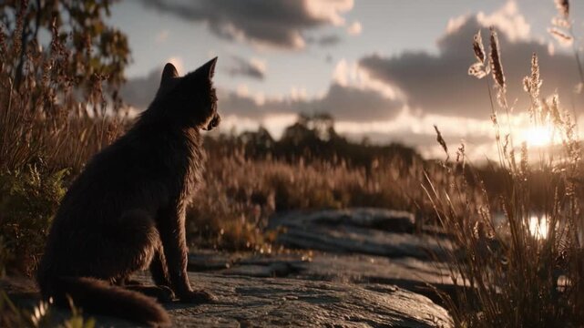 A Majestic Wolf Contemplates the Tranquil Sunset, Surrounded by Lush Nature, Capturing the Essence of Wilderness and Serenity in Stunning Detail