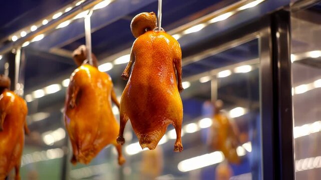 Roasted duck hanging in display window