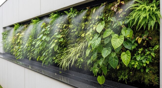 A sophisticated vertical garden system featuring a variety of lush plants and an automated misting function.