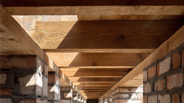 joists. Exposed wooden joists arranged neatly between brick walls on a site. real-estate listings, architecture portfolios, designed for interior renovation comparisons for interiors.