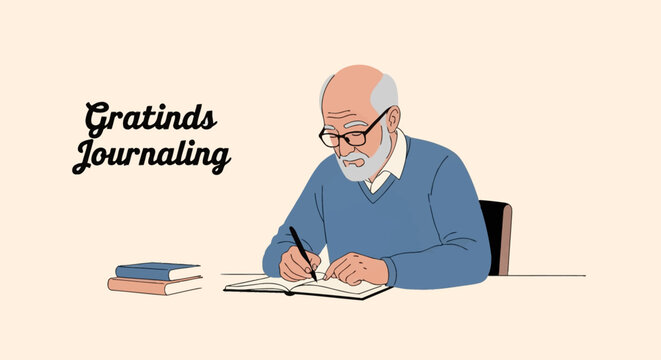 Senior bald man with a gray beard and eyeglasses wearing a blue sweater sitting at a desk writing in an open notebook or journal with a pen, featuring text Gratinds Journaling.