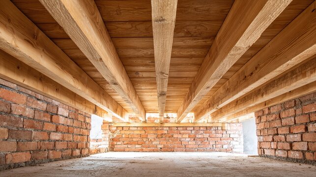 joists. Exposed wooden joists arranged neatly between brick walls on a site. real-estate listings, architecture portfolios, designed for interior renovation comparisons for interiors.