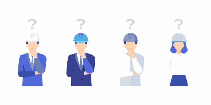 group of people in business attire and hard hats with question marks