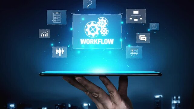Workflow optimization concept featuring interconnected gears, task management, collaboration, process mapping, review, and automation for business productivity and efficiency Marrow
