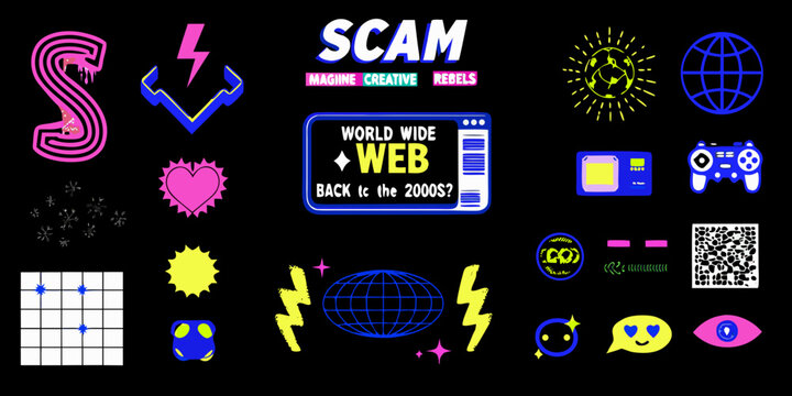 neon icons and symbols on black background retro web elements