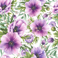 Anemones flowers with purple and pink buds, green leaves with eucalyptus branches watercolor seamless pattern. Realistic floral design for fabric print Hand drawn isolated from background illustration © Bartol_art