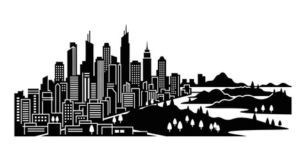 Obraz premium Cityscape, urban skyline, black silhouette, city view, landscape isolated on White Background Editable EPS