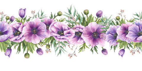 Anemones flowers with purple and pink buds and green leaves with eucalyptus branches watercolor seamless border. Realistic floral horizontal pattern. Hand drawn isolated from background illustration. © Bartol_art