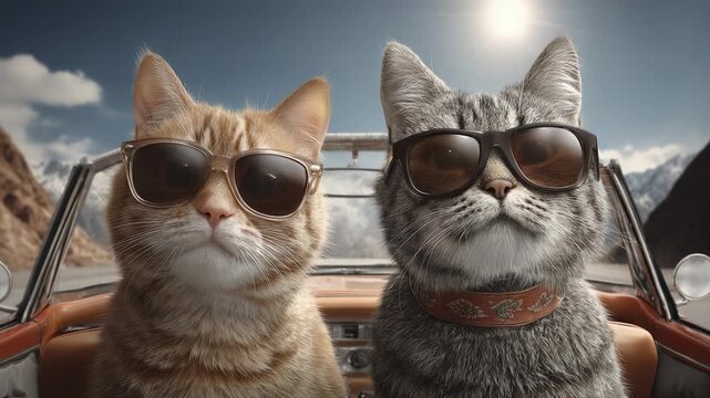 Two Stylish Cats Wearing Sunglasses Enjoying a Scenic Drive in a Convertible Car Beneath a Bright Sky with Majestic Mountains in the Background