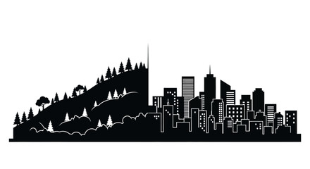 Obraz premium City skyline, urban landscape, black silhouette, cityscape, graphic illustration isolated on White Background Editable EPS