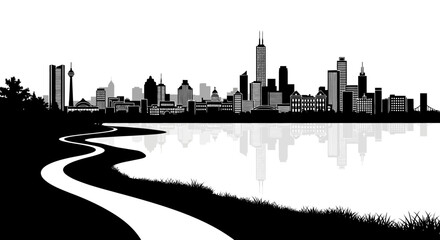 Obraz premium City skyline, urban landscape, black and white illustration, cityscape silhouette isolated on White Background Editable EPS