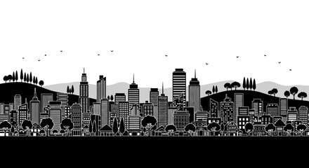 Obraz premium City skyline, urban landscape, black and white illustration, vector cityscape, grayscale buildings isolated on White Background Editable EPS