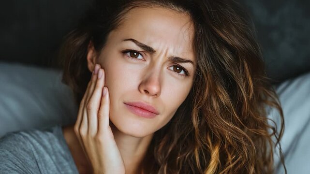 A woman experiencing discomfort, showing signs of distress and concern, as she holds her face with a pained expression, reflecting on a troubling moment.