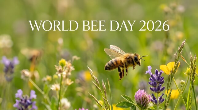 World Bee Day 2026 Honey bee flying near purple flowers in sunlight
