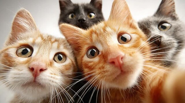 A Heartwarming Gathering of Feline Friends: Exploring the Expressive Faces of Four Charming Cats in a Playful and Engaging Close-Up Shot