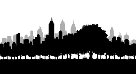 Obraz premium City skyline silhouette, urban landscape, black cityscape, gray buildings isolated on White Background Editable EPS