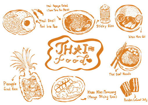 Set of Hand Drawn Thai Food Infographic Elements and Famous Dishes with Lettering