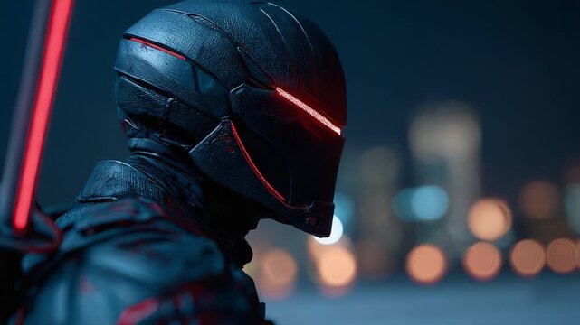 A futuristic warrior stands in a night cityscape, showcasing a sleek, armor-clad figure with glowing red accents, embodying advanced technology and stealth.